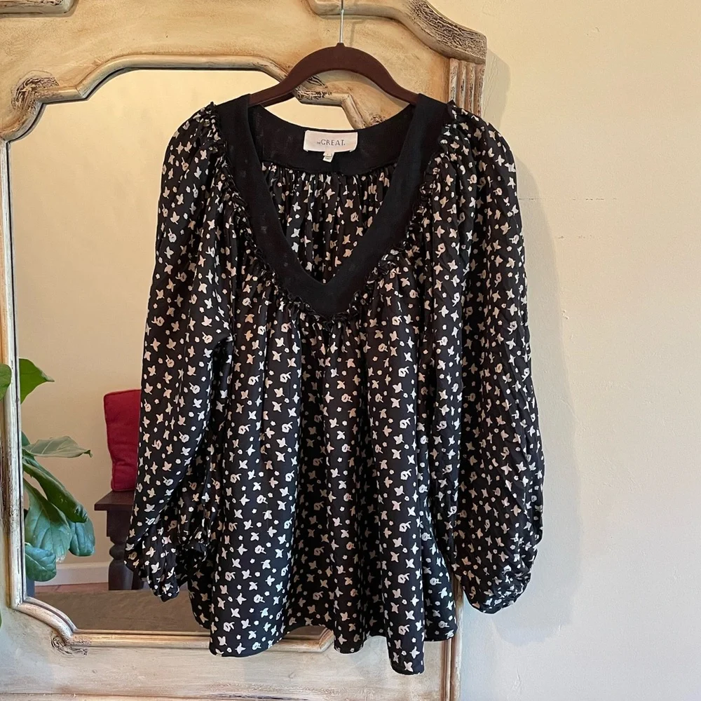 the Great. Silk Blouse in Black/Ivory - Picture 1 of 4